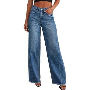 Women's Wide Leg High Waisted Denim Jeans Raw Hem Casual Streetwear